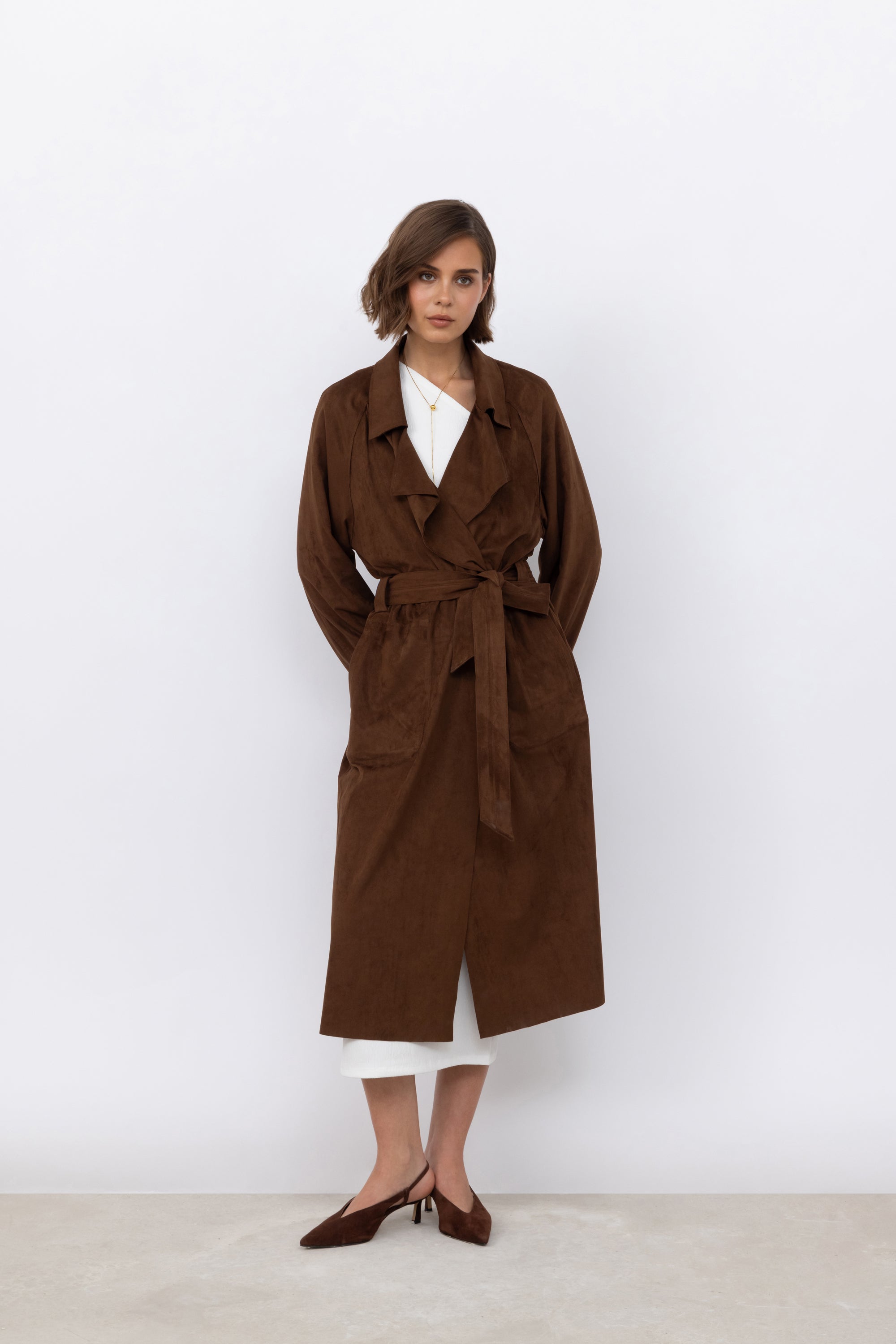 Faux Suede Trench Coat in Pecan – Urbancode London