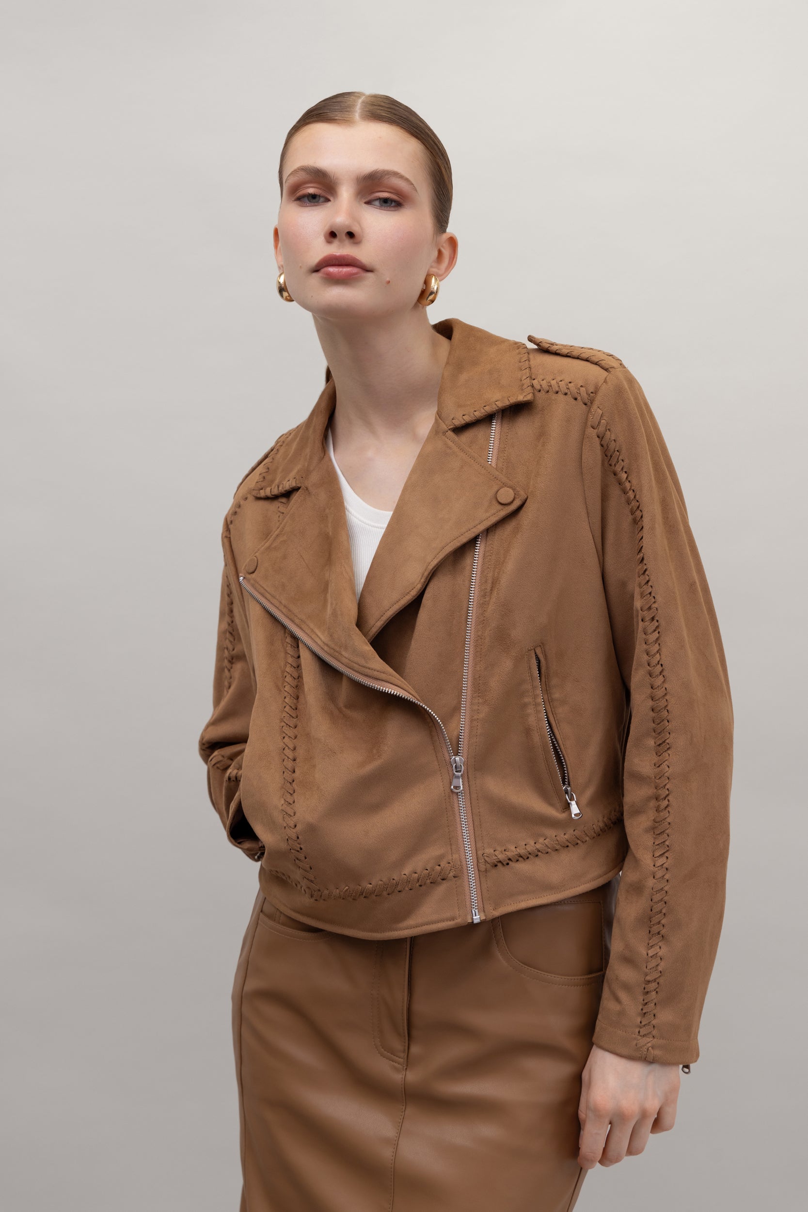 レザージャケット・コート URBANCODE FAUX SUEDE LEATHER JACKET Faux Suede Fit Biker Jacket in Caramel – Urbancode London