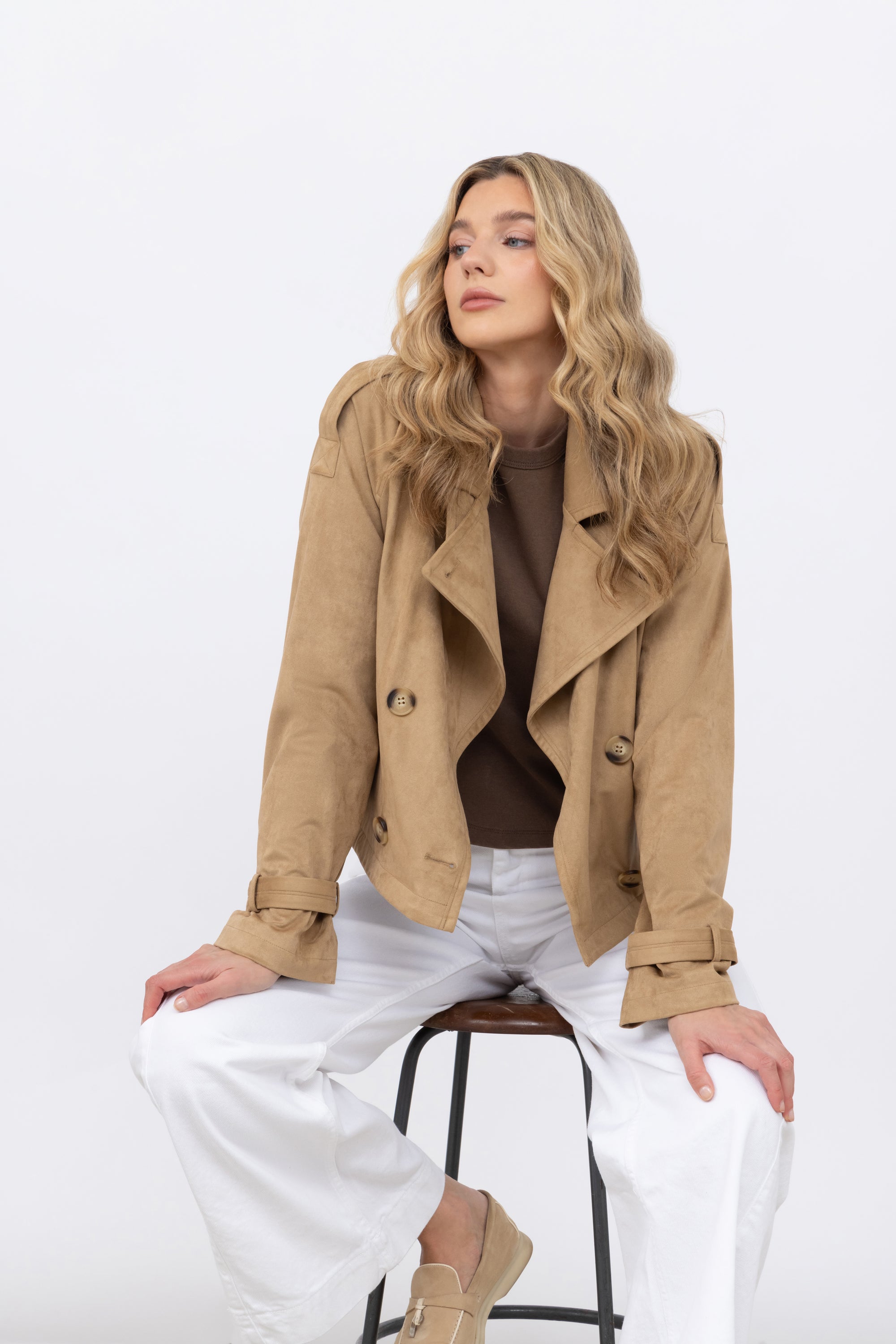 Faux Suede Trench Jacket in Biscuit