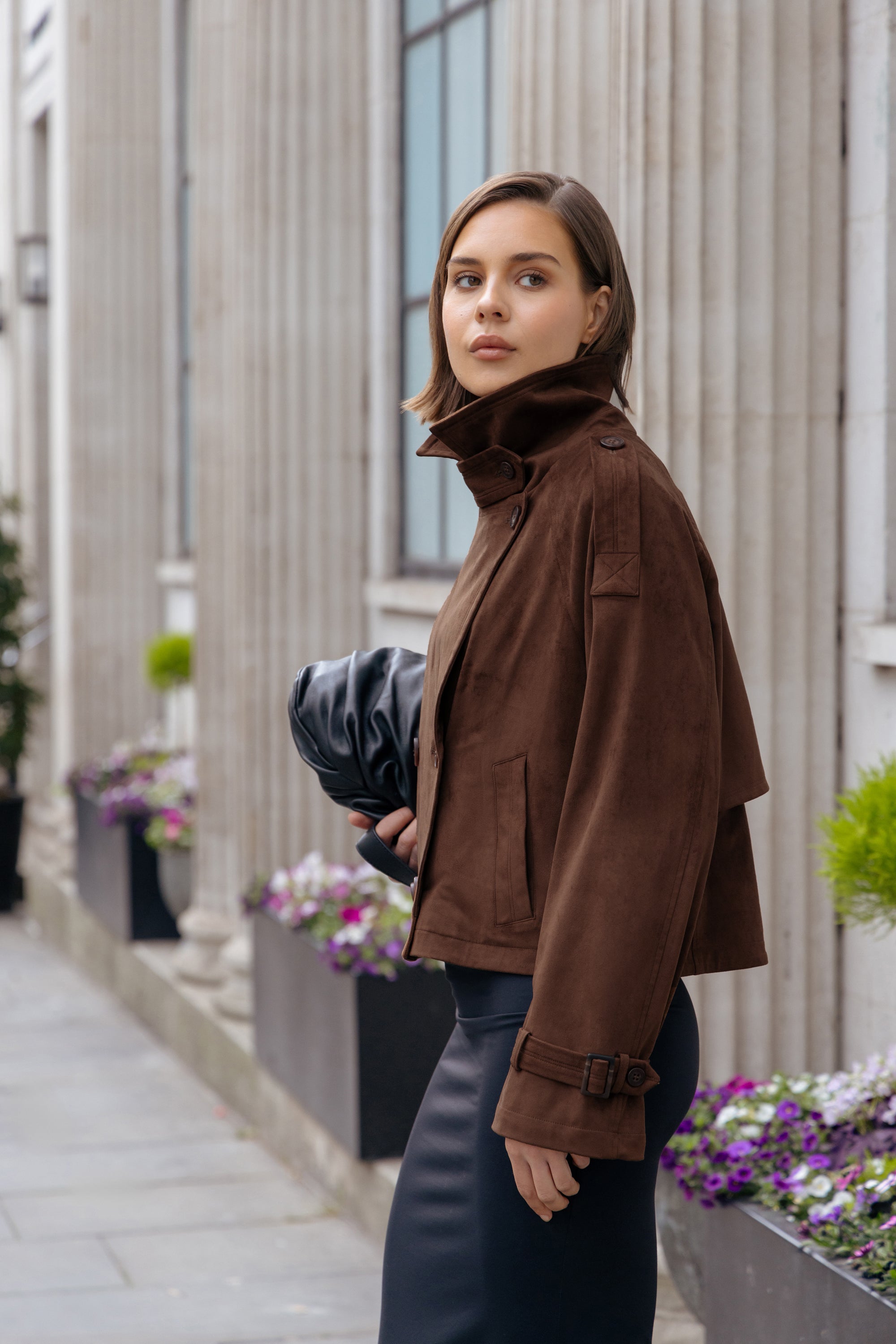 Faux Suede Trench Jacket in Pecan