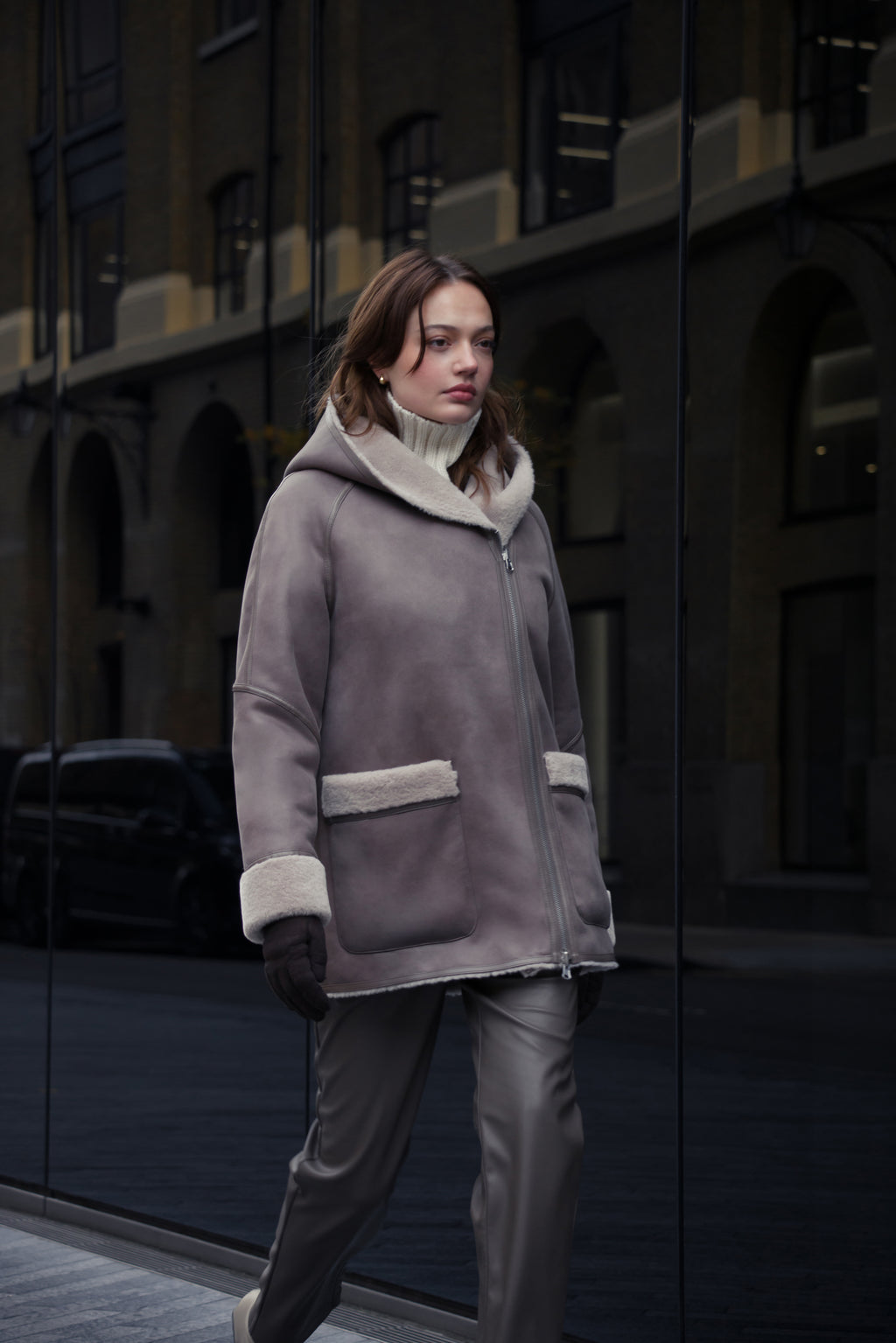 Reversible Hooded Jacket in Taupe