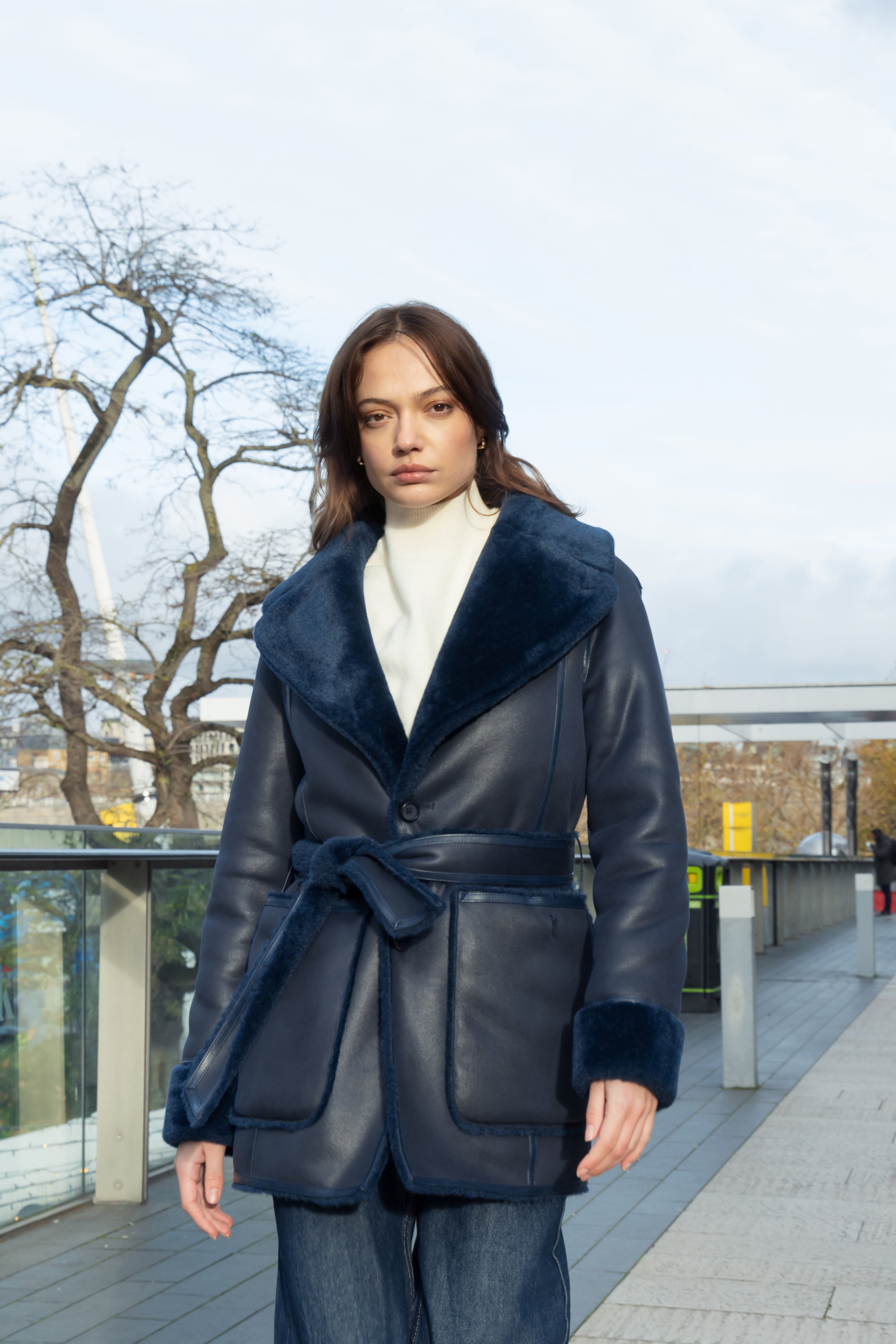 Reversible Belted Coat in Navy