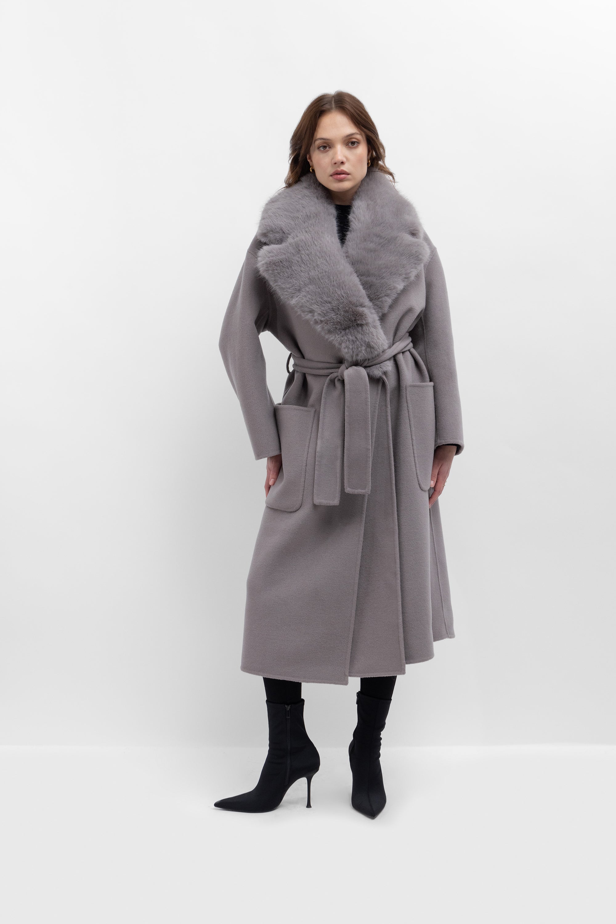 Midi Wool Coat with Detachable Collar in Koala