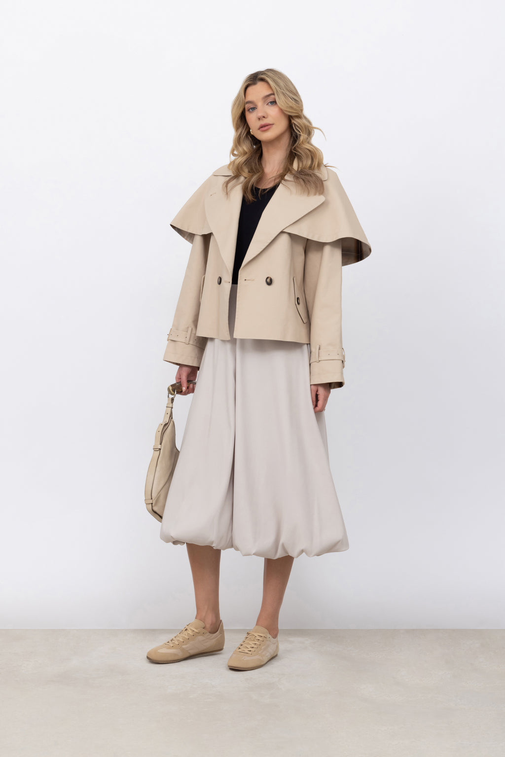Trench Jacket with Detachable Cape in Vanilla
