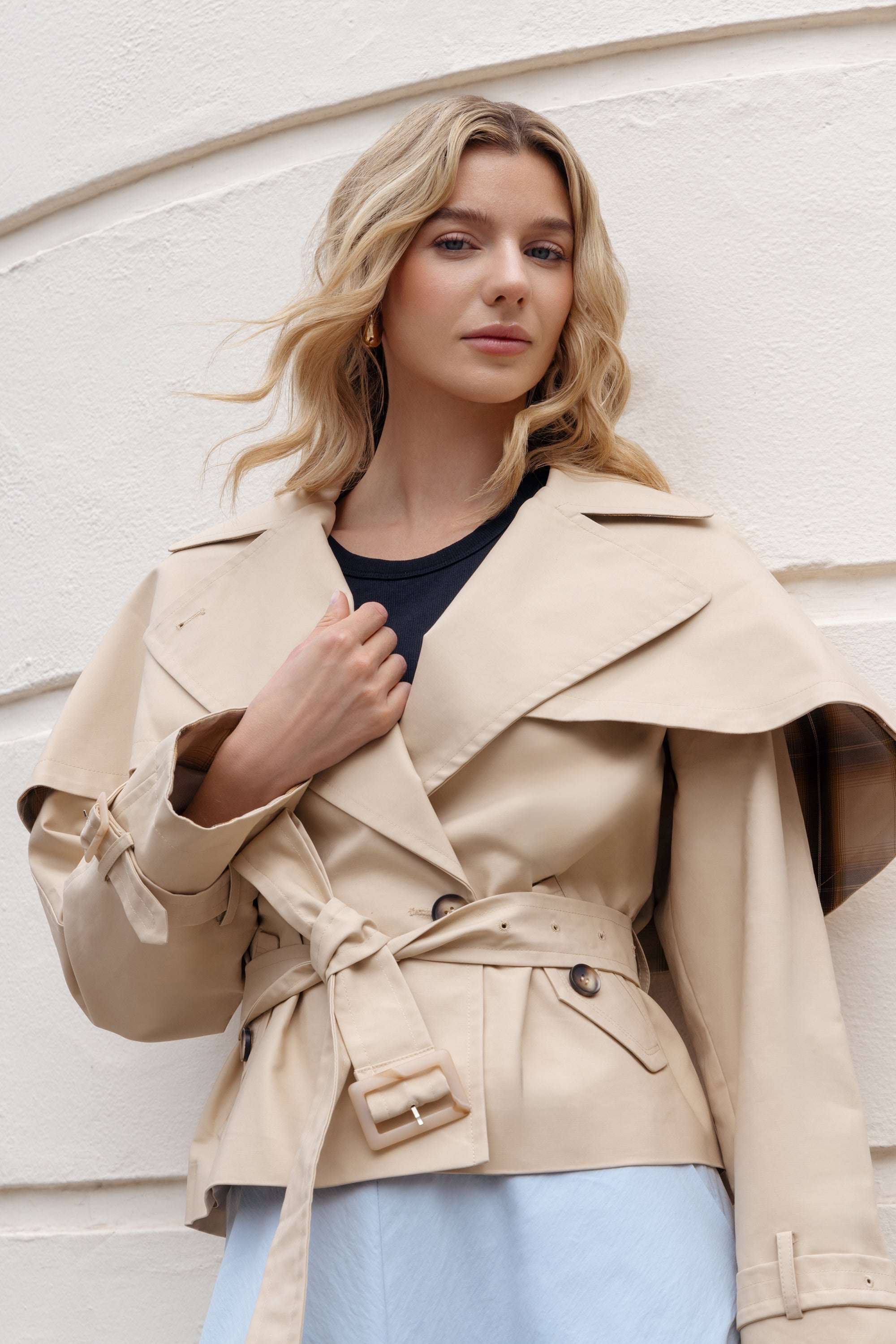 Trench Jacket with Detachable Cape in Vanilla