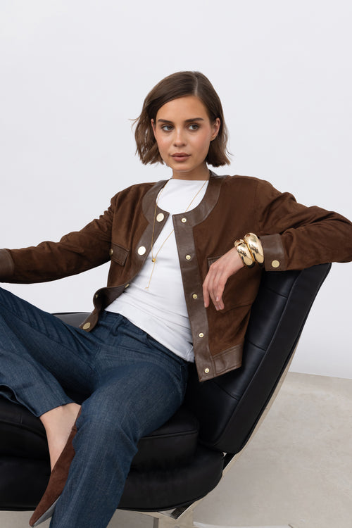 Faux Suede Collarless Jacket in Raisin