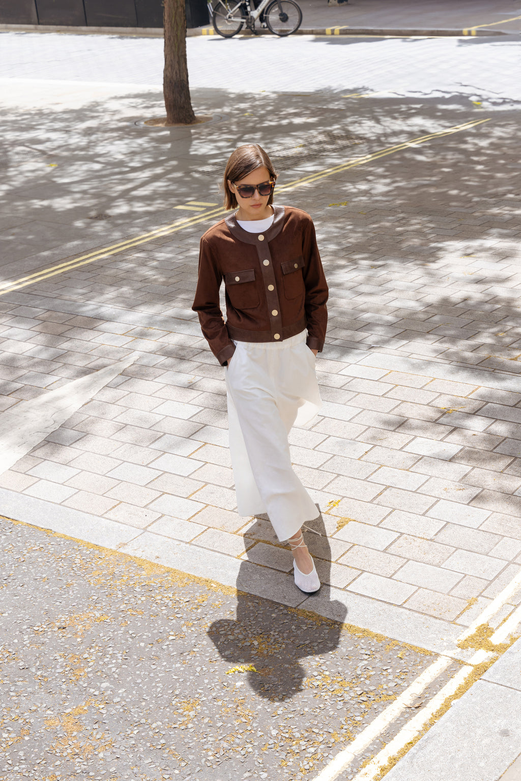 Faux Suede Collarless Jacket in Raisin