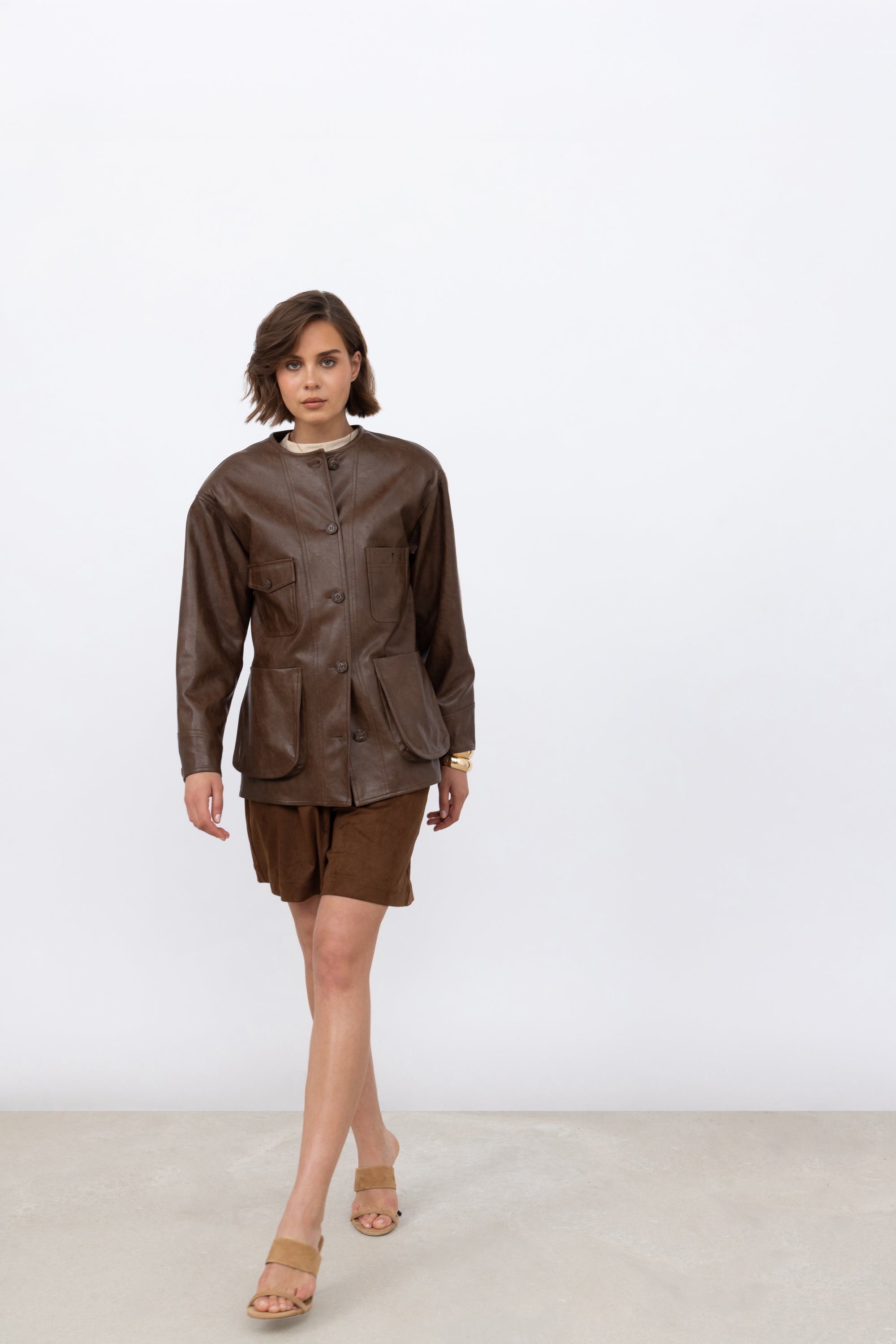 Faux Suede Collarless Jacket in Raisin