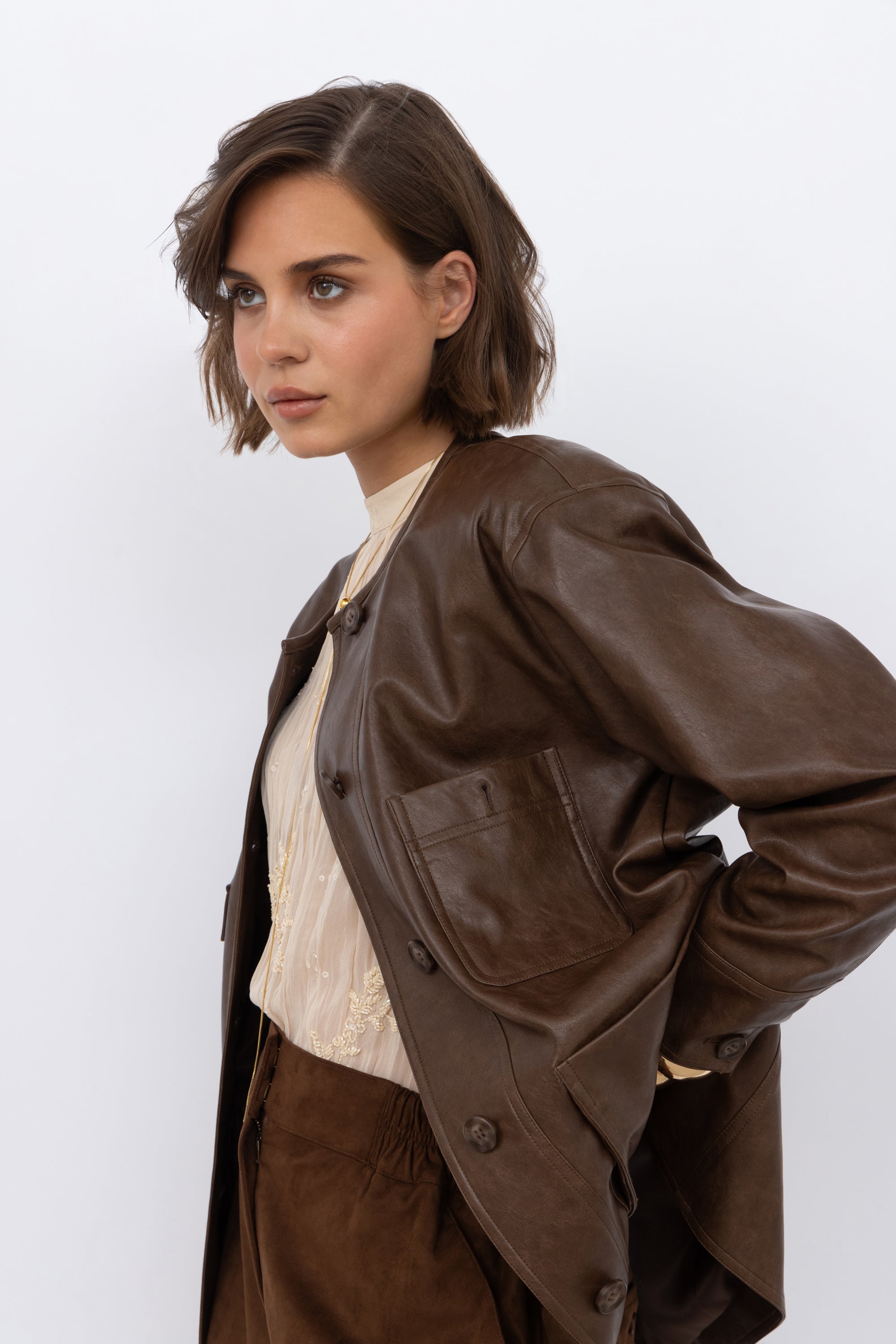 Faux Suede Collarless Jacket in Raisin