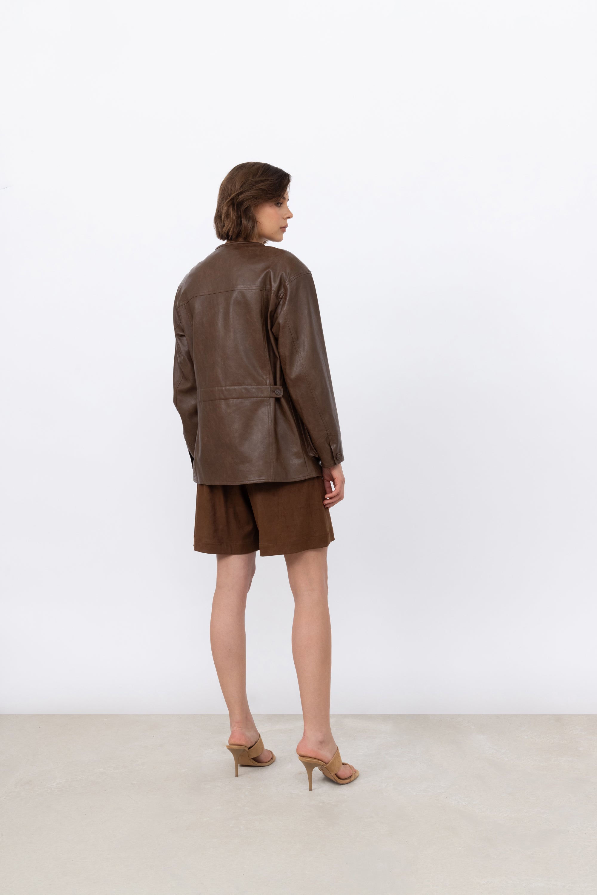 Faux Suede Collarless Jacket in Raisin