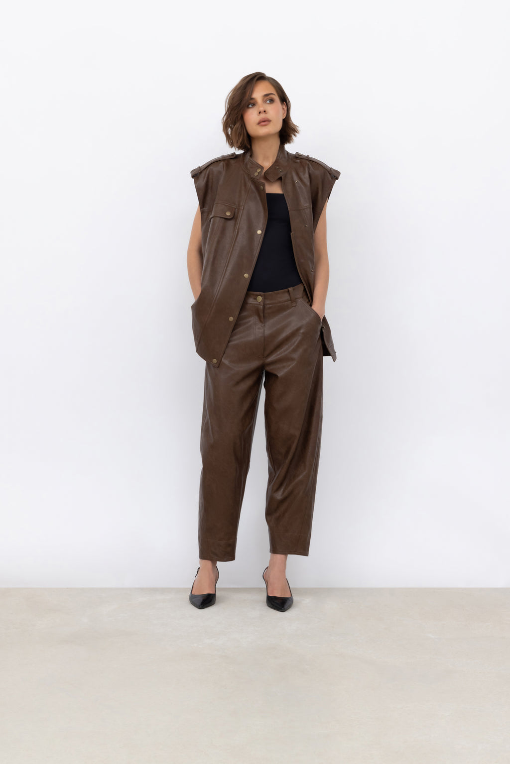 Faux Leather Gilet in Raisin