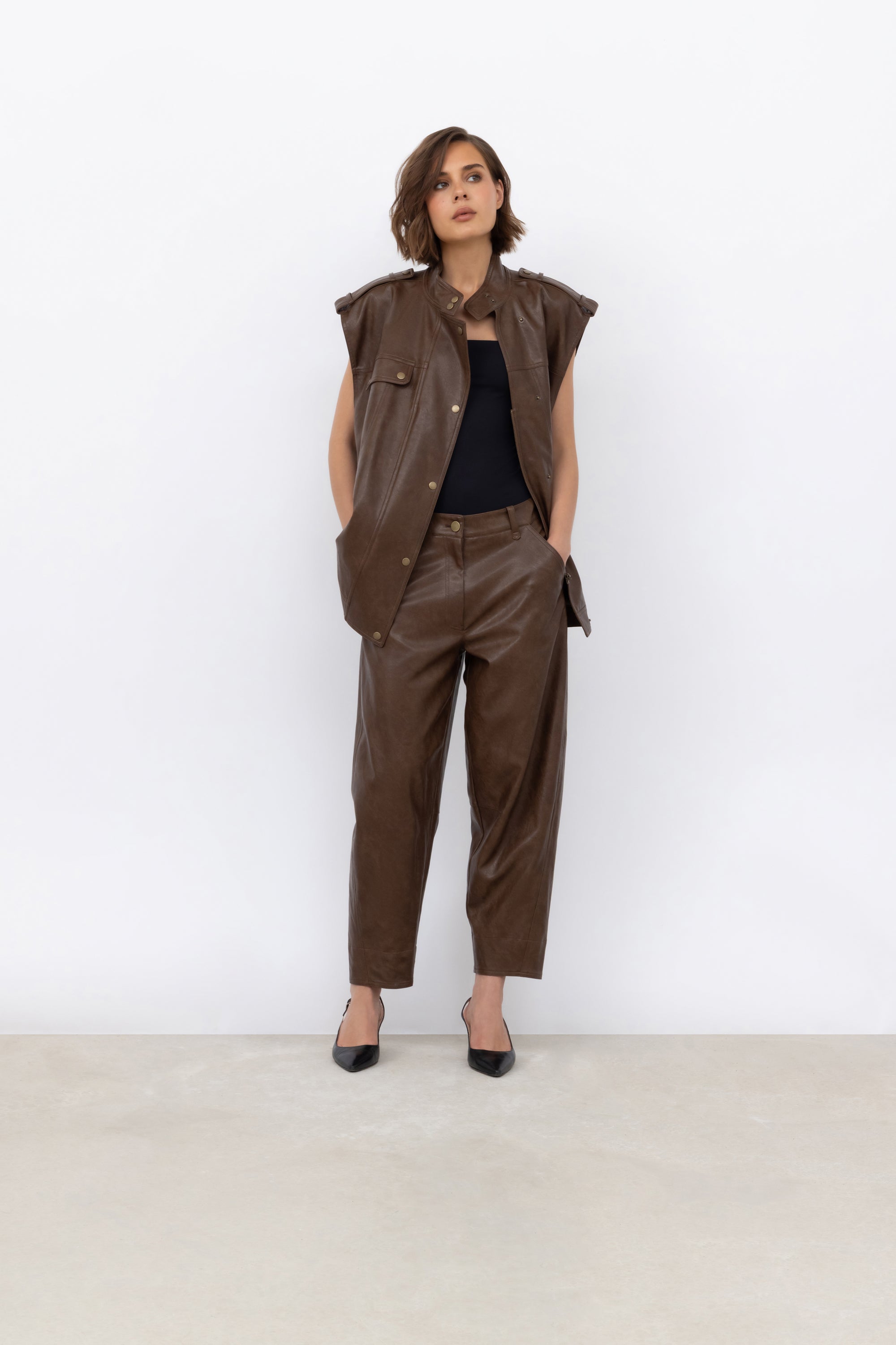 Faux Leather Gilet in Raisin