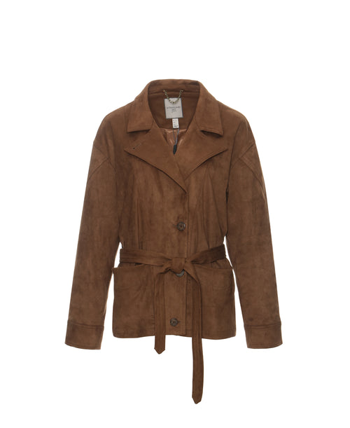 Faux Suede Boxy Blazer with Belt in Pecan