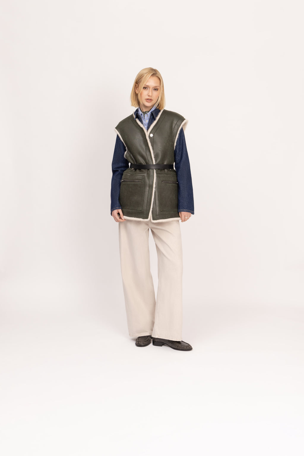 Fur Gilet in Khaki/Winter White