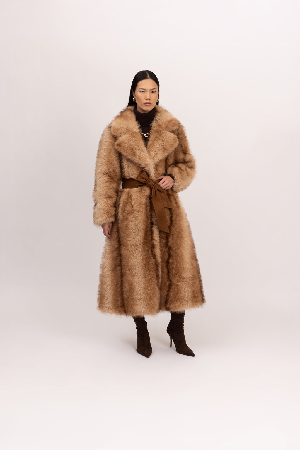 Fit and Flare Chinchilla Coat in Tan/Multi