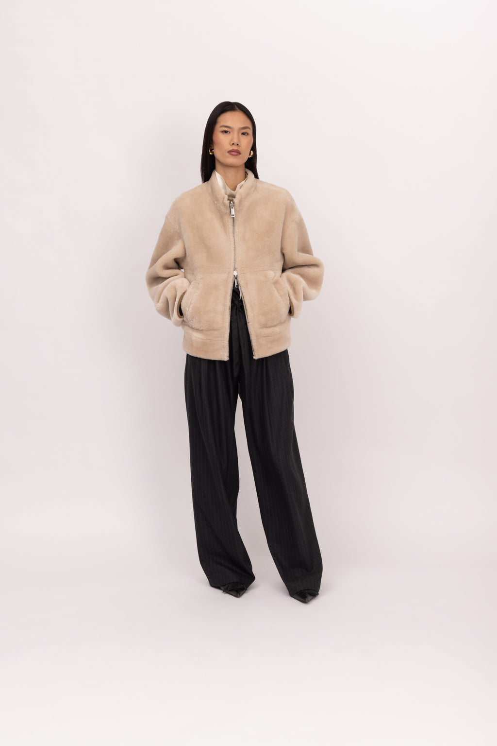 Merino Funnel Neck Bomber in Chalk/Sand