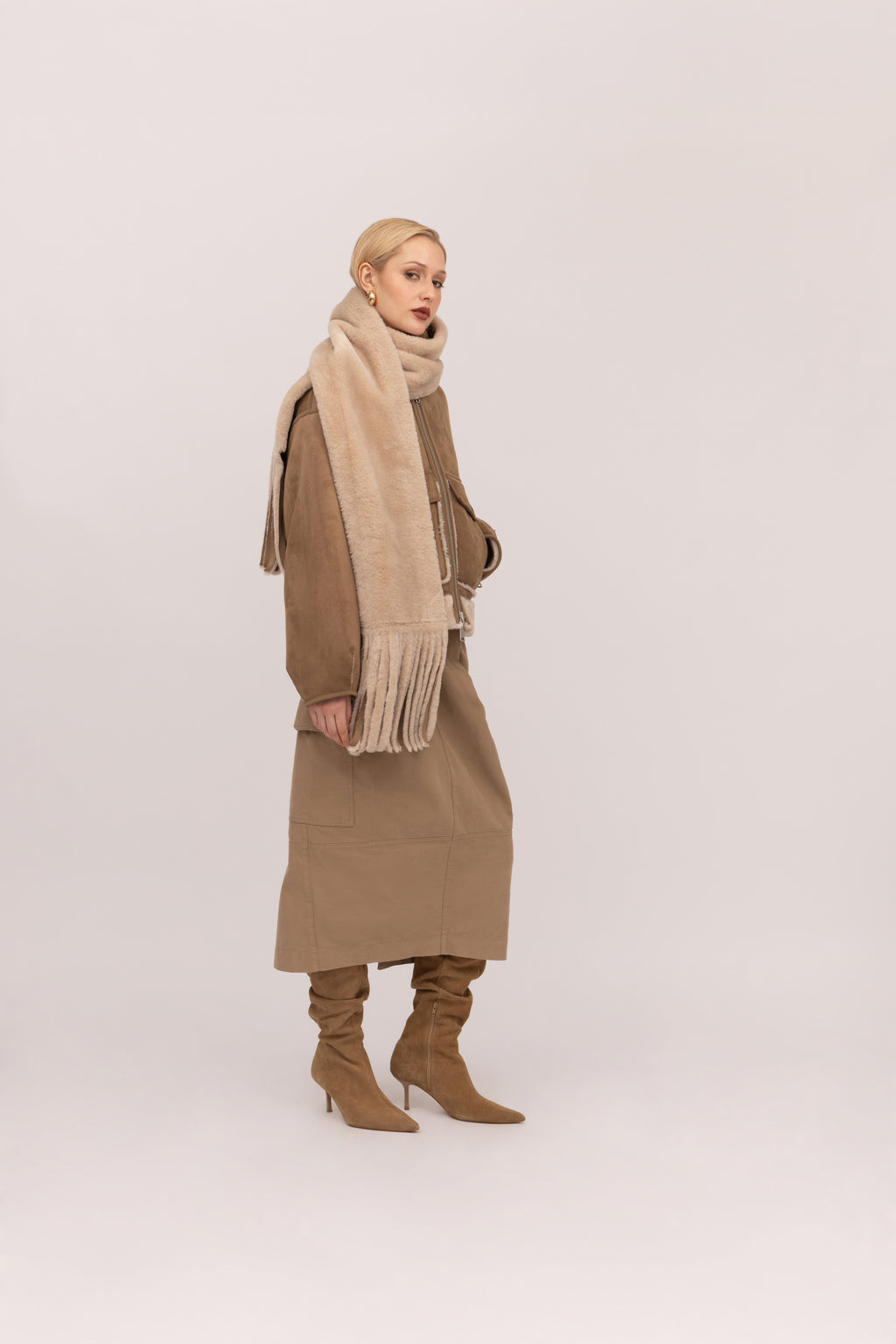 Merino Funnel Neck Bomber in Chalk/Sand
