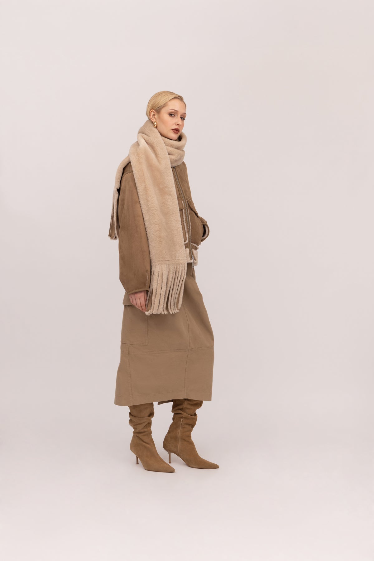 Merino Funnel Neck Bomber in Chalk/Sand