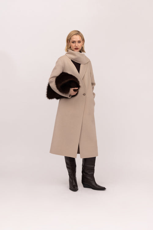 Double-Face Wool Detachable Collar Long Coat in Dove