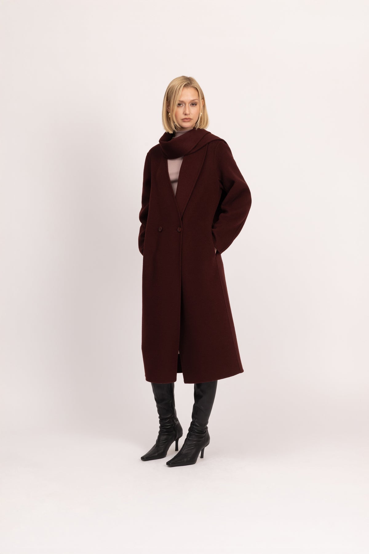 Double-Face Wool Detachable Collar Long Coat in Merlot