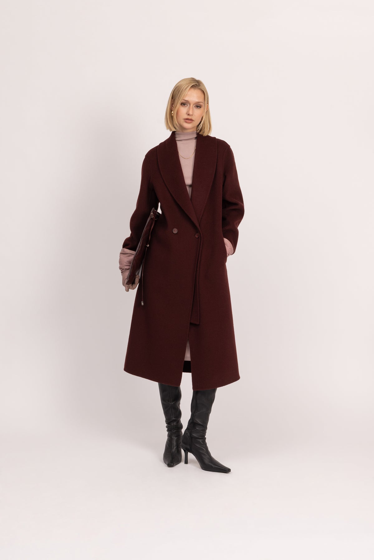 Double-Face Wool Detachable Collar Long Coat in Merlot