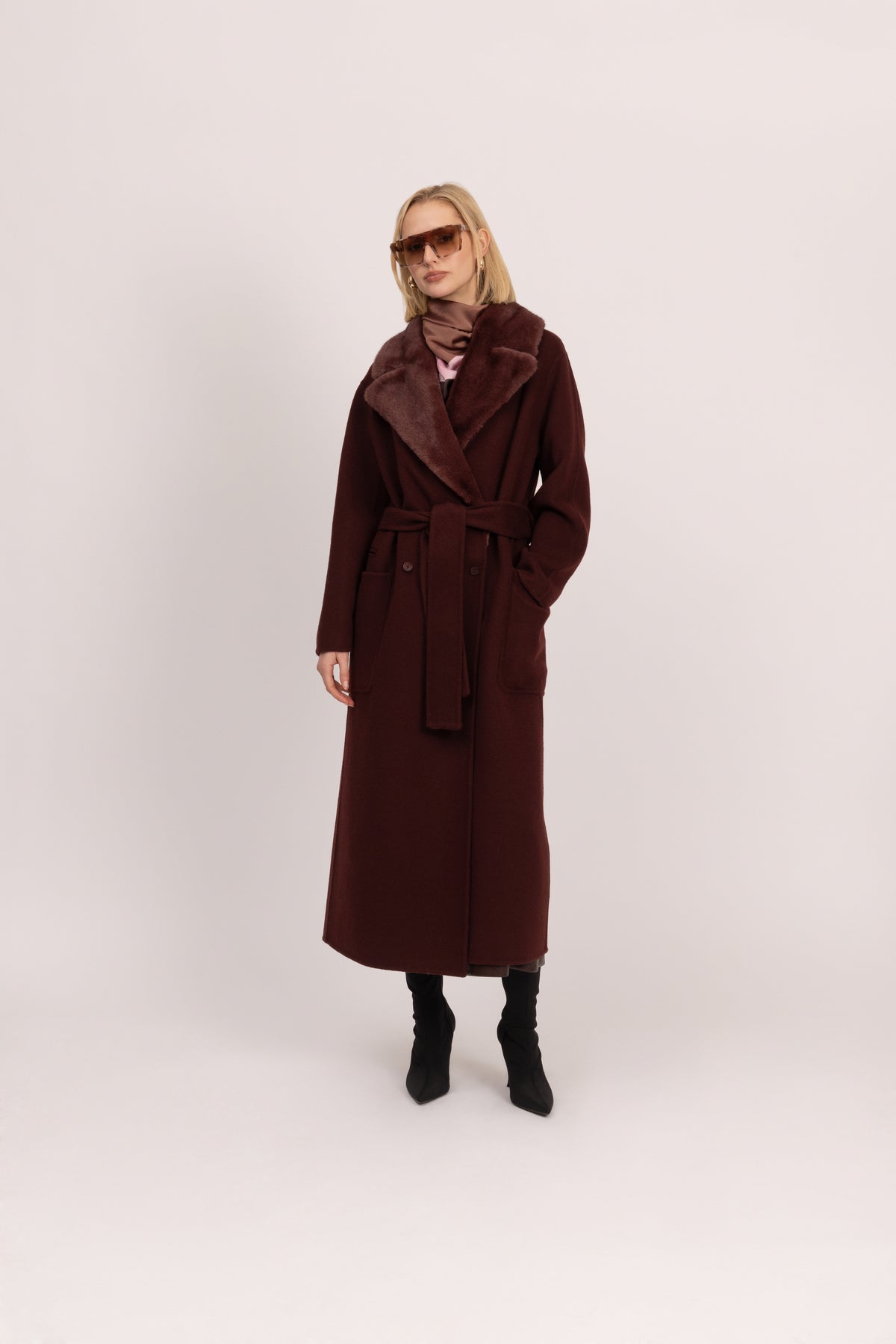 Double-Face Wool Drop Shoulder Belted Coat in Merlot