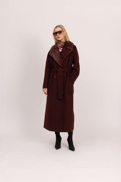 Double-Face Wool Drop Shoulder Belted Coat in Merlot