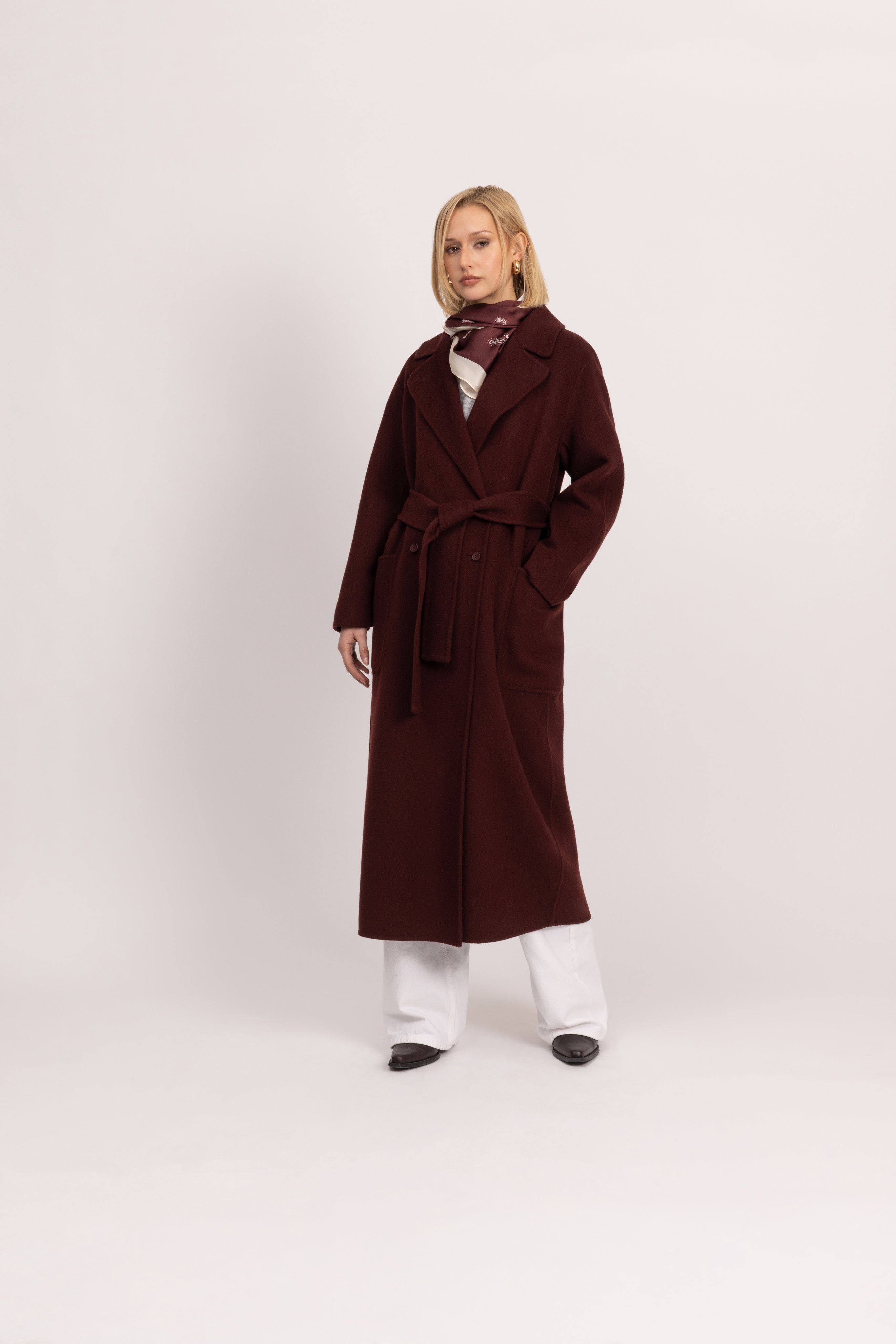 Double-Face Wool Drop Shoulder Belted Coat in Merlot