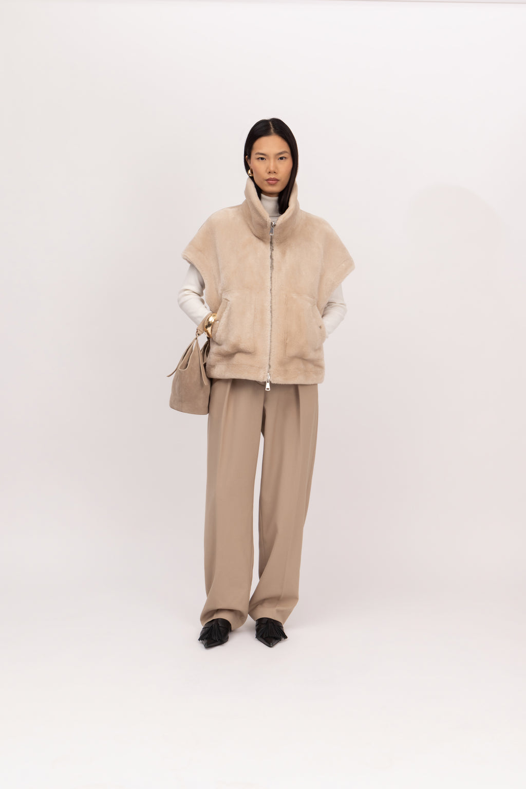 Merino Boxy Drop Shoulder Gilet in Chalk/Sand