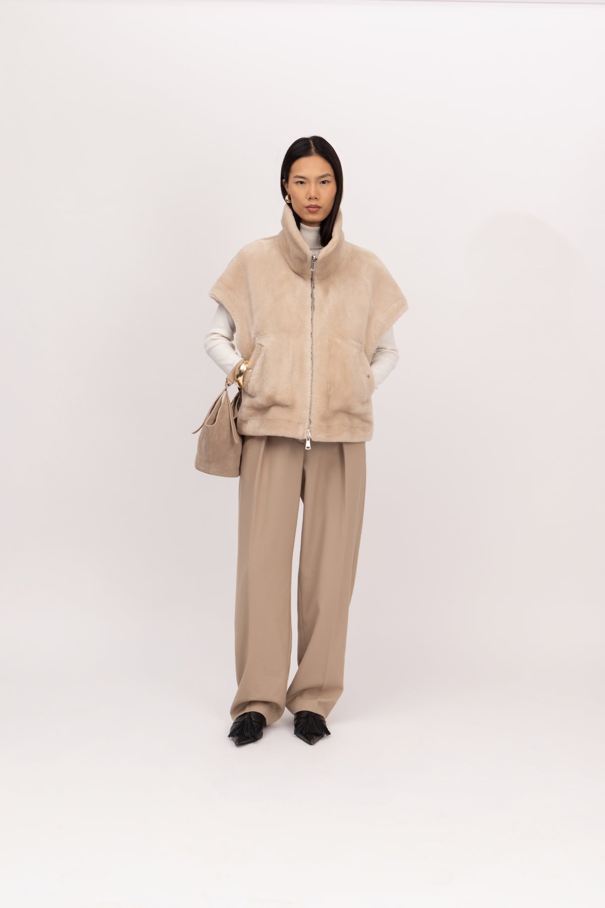 Merino Boxy Drop Shoulder Gilet in Chalk/Sand