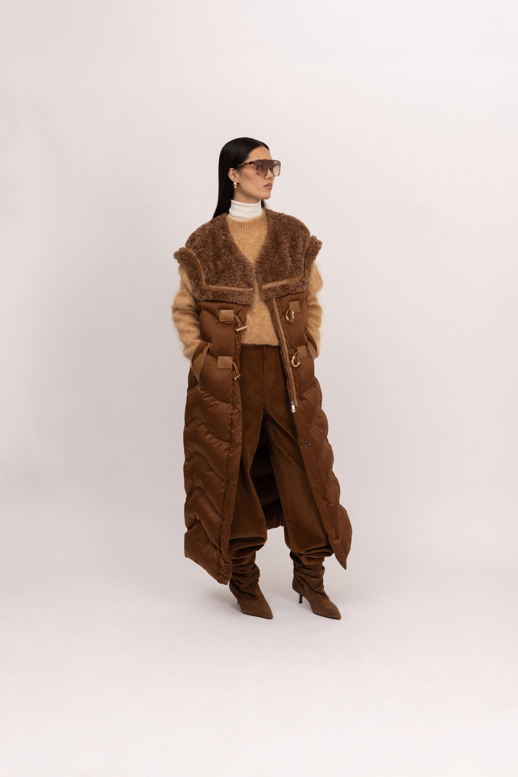 Merino Puffer Longline Gilet in Cinnamon