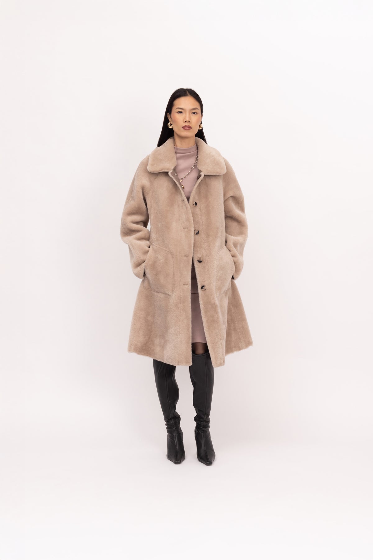 Reversible A-Line Swing Coat in Cream/Taupe