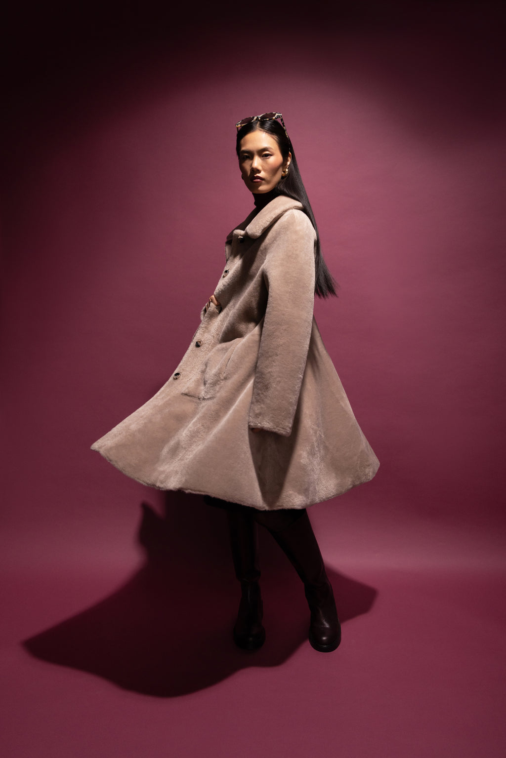 Reversible A-Line Swing Coat in Cream/Taupe