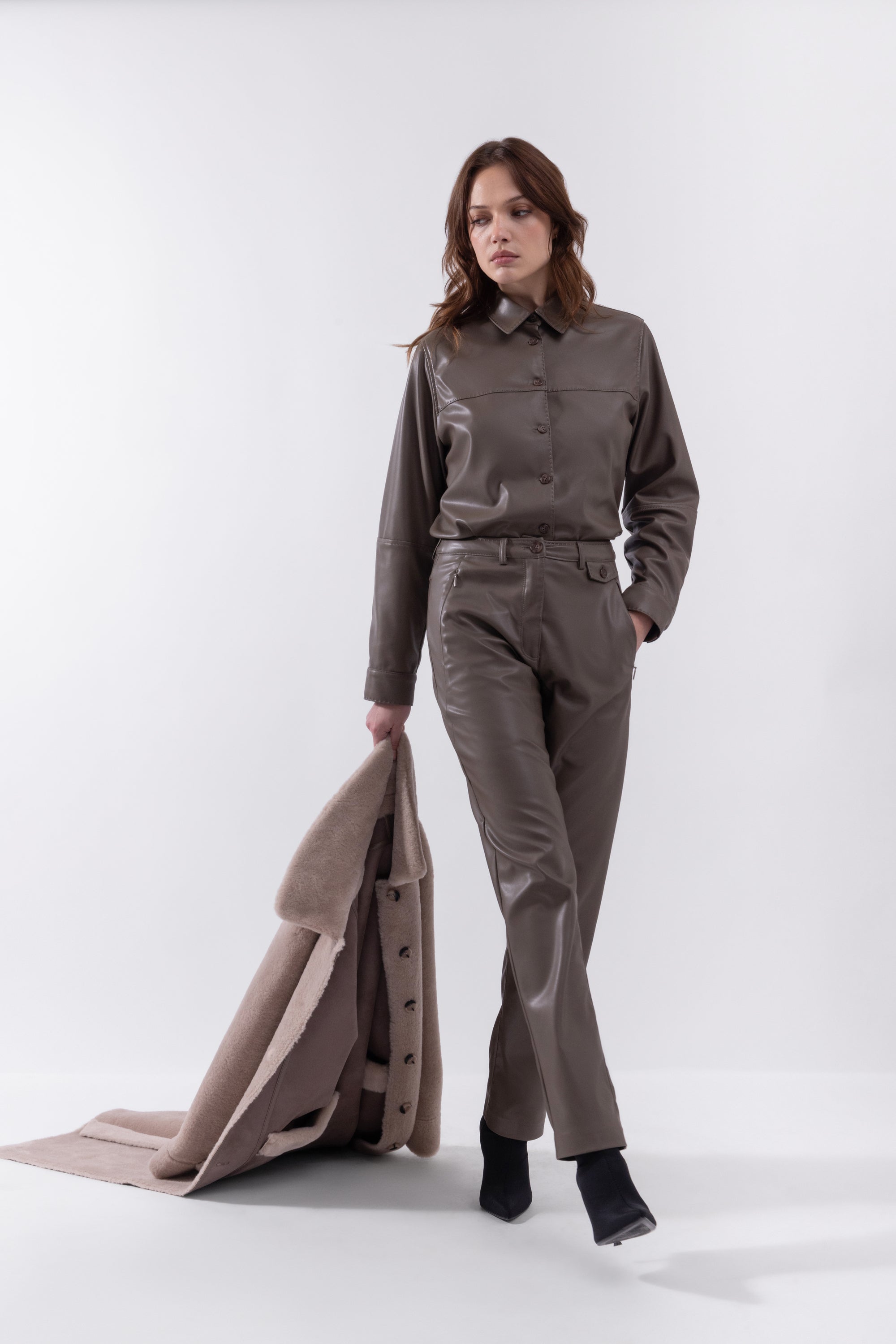 Faux Leather Straight Leg Trouser in Praline